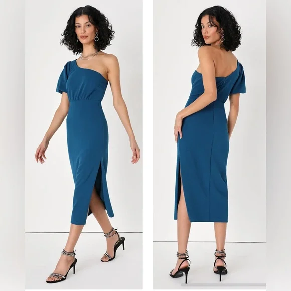 New Lulu's Ultimate Poise Teal Blue One-Shoulder Midi Dress XS X-Small Classy - Picture 1 of 11